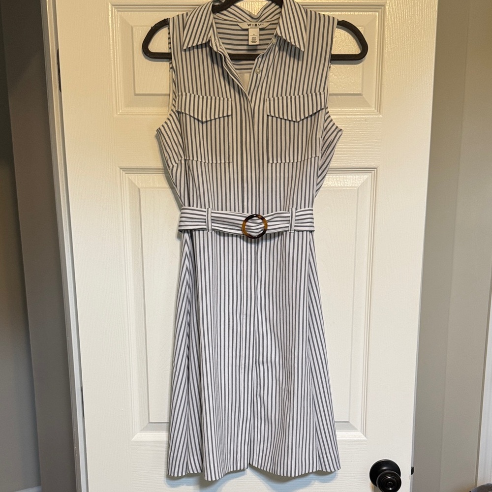 White House Black Market Gray and White Striped Midi Dress